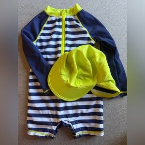Little Lad Blue striped Swim Suit / Rash Guard and neon yellow hat set- 24M